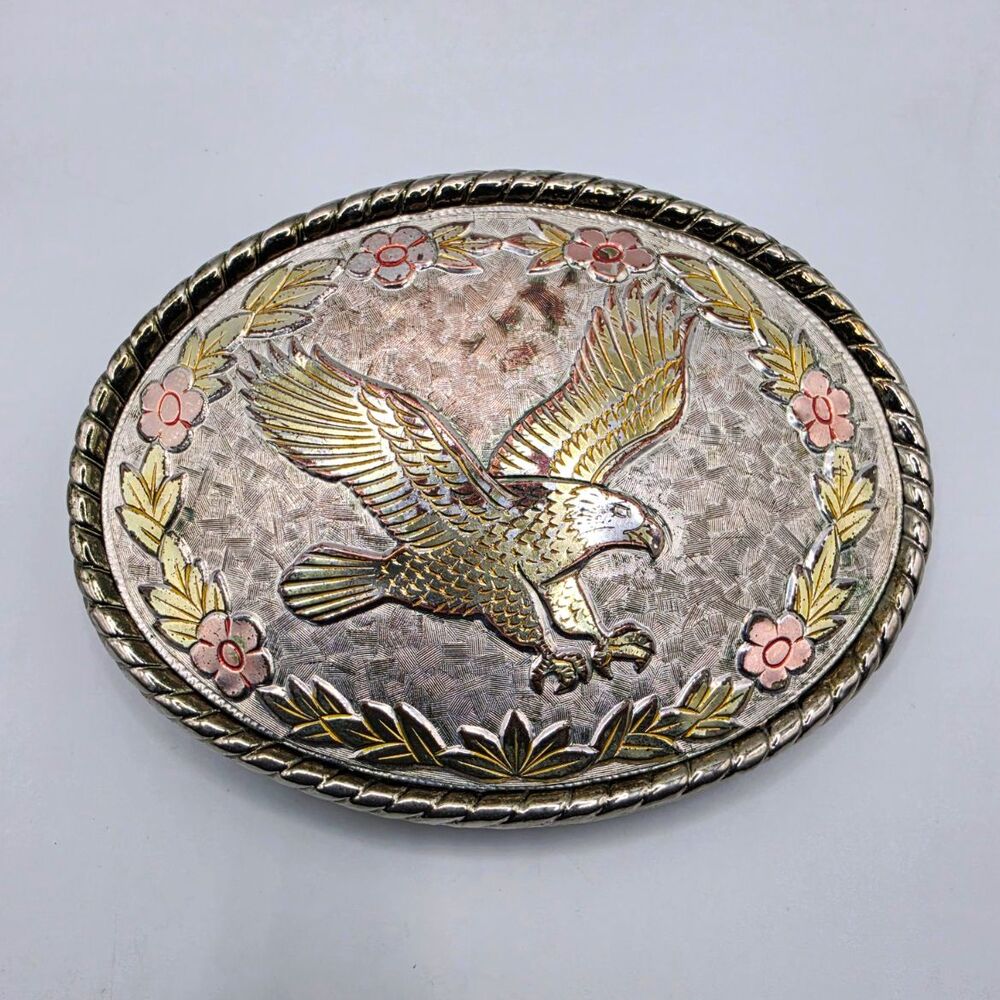 Vintage 1980s W Made in USA Eagle Belt Buckle Pink Flowers Western Cowboy
